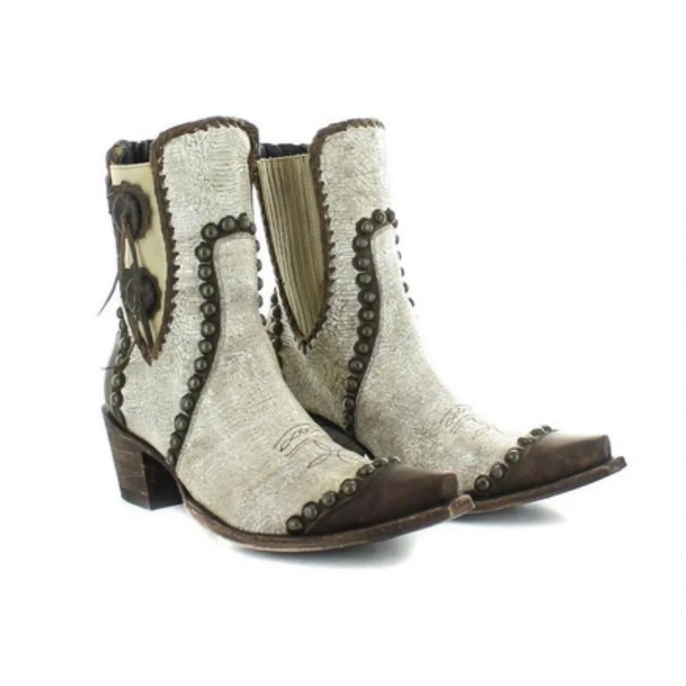 Double D Ranch Old Gringo ~ Size 10 ~ White & Brown Studded Ankle Boots ~ New - Picture 4 of 16